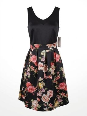 Enfocus Studio Black Sleeveless Midi Dress with Pink Floral Skirt